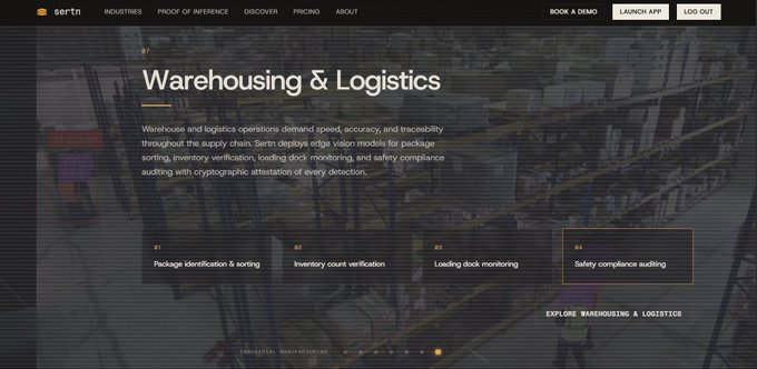 The 'sertn' website homepage features a 'Warehousing & Logistics' section detailing AI vision models for supply chain operations. Four numbered service categories are listed: '01 Package identification & sorting,' '02 Inventory count verification,' '03 Loading dock monitoring,' and '04 Safety compliance auditing,' set against a darkened warehouse background.