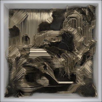 The image features a square white frame with an abstract art piece inside, which appears to be a painting or drawing of a person's face. The artwork has a unique style that combines elements of black and gold colors, giving it a metallic appearance. The artist who created this piece is unknown but their work is being referred to as "5 years ago today I collected some great art on Tezos".