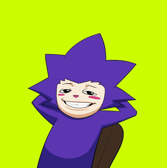 An illustration of a cartoon character with spiky purple hair, a purple body, and a mischievous grinning face set against a bright yellow-green background.