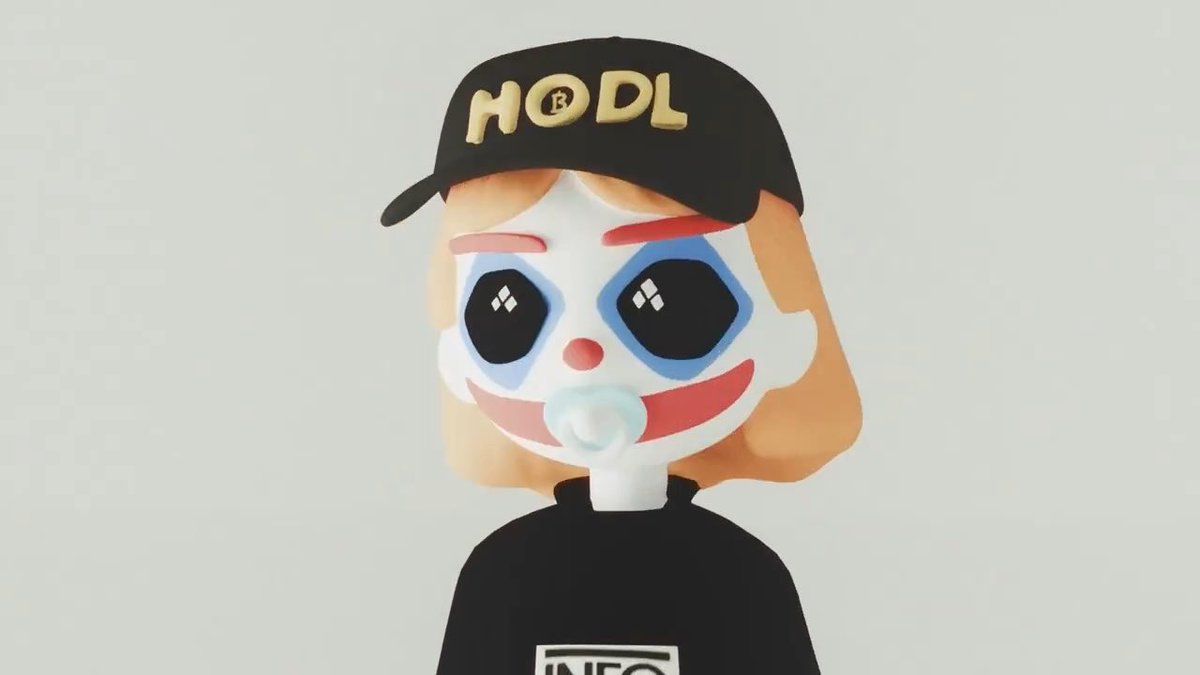A 3D cartoon character with blonde hair wears a black cap reading "HODL" with a Bitcoin logo replacing the 'O', featuring clown-like face paint and a pacifier.