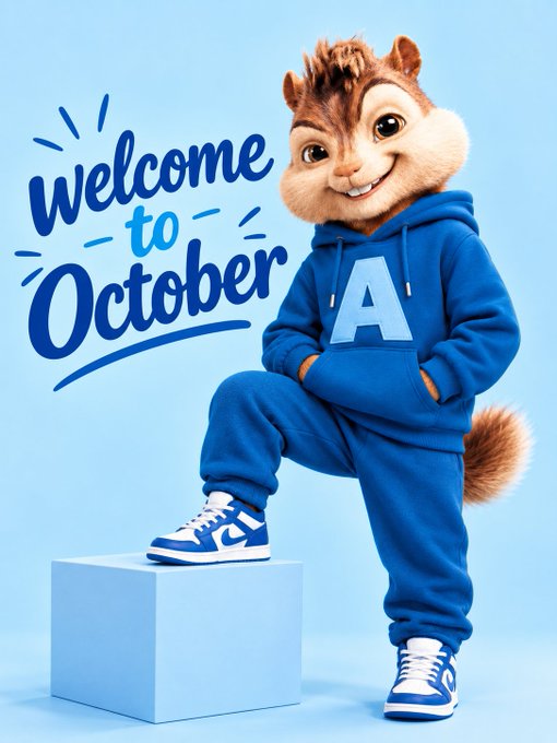 A promotional graphic for October showing a smiling chipmunk character wearing a blue hoodie with 'A' and blue sneakers, posing on a light blue block.
