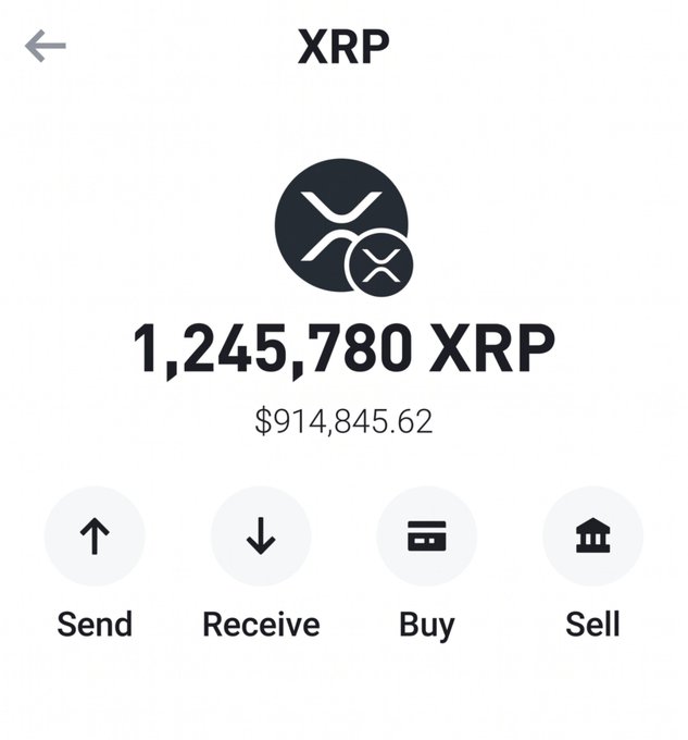 A screenshot of a crypto wallet showing a balance of 1,245,780 XRP ($914,845.62) with Send, Receive, Buy, and Sell options—likely used as proof of holdings to promote a giveaway asking XRP addresses from followers.