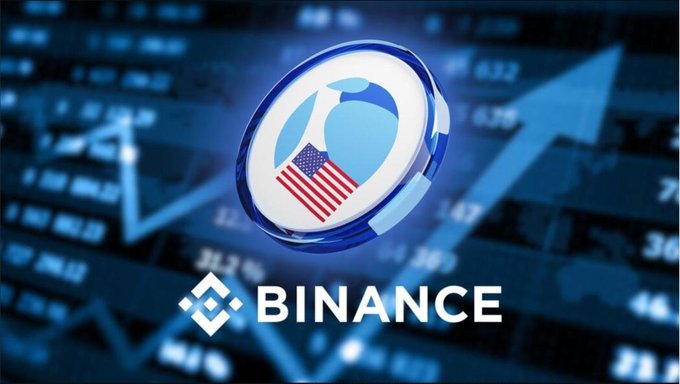 A graphic showing a token/coin with an American flag inside, overlaid on a financial chart with an upward arrow and the text 'BINANCE'.