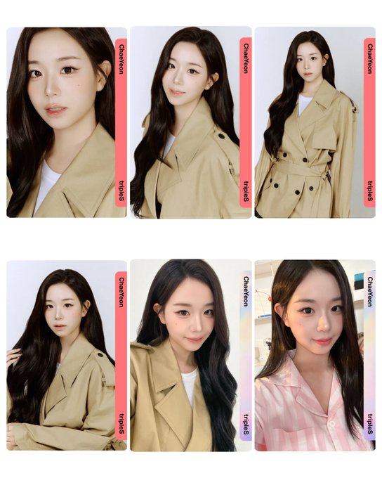 A collage of six photos of K-pop idol ChaeYeon in a beige trench coat (with one photo in pink pajamas), labeled 'Chaeyeon' and 'tripleS' in the margins.