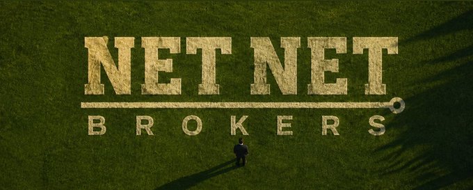 A large grass field with text "NET NET BROKERS" in large font, and a small figure of a person standing on the field.