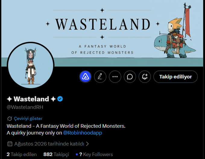 A Twitter/X profile for 'Wasteland' (@WastelandRH) shows a banner reading 'A FANTASY WORLD OF REJECTED MONSTERS' and notes it joined in August 2026.