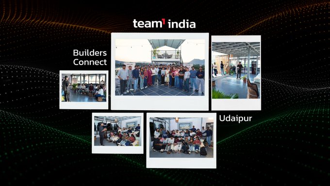 A 'team india' promotional slide featuring a collage of photos from 'Builders Connect' events in Udaipur, showing groups of people networking indoors.