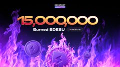 A digital graphic celebrating '15,000,000 Burned $DESU' with purple and pink flames surrounding a coin in the center.