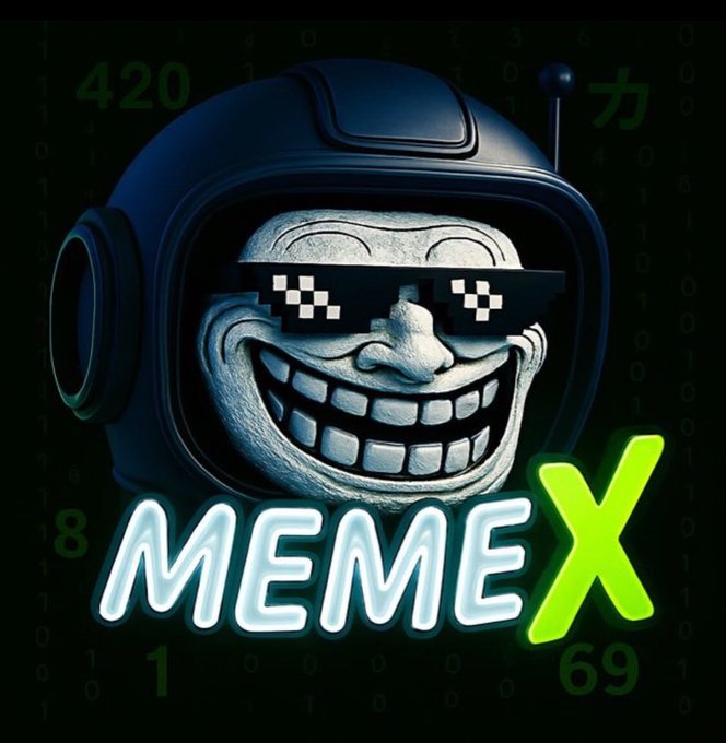 A digital illustration featuring a troll face wearing pixelated sunglasses and a helmet, with the text 'MEMEX' below against a green digital background.
