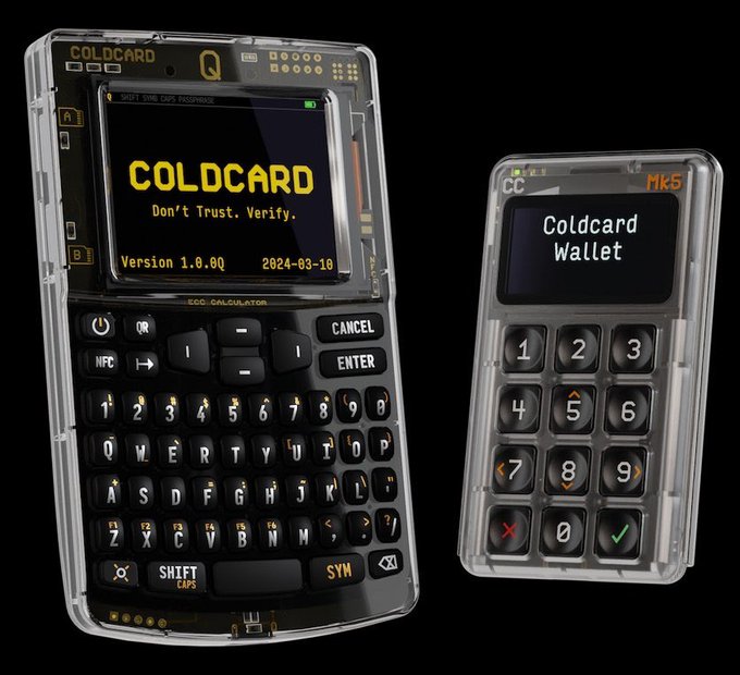 The image displays two Coldcard hardware wallets side by side: a larger Q model with a full QWERTY keyboard showing "COLD CARD - Don't Trust. Verify. Version 1.0.0Q, 2024-03-10" on its screen, and a smaller Mk5 model displaying "Coldcard Wallet" with a numeric keypad. The image directly relates to the post by showcasing the physical Coldcard device the user just acquired for securing their cryptocurrency portfolio.