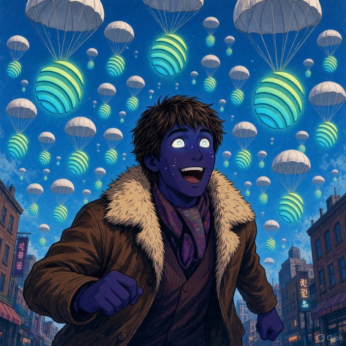 An anime-style illustration depicts a young man with purple skin and glowing white eyes wearing a fur-collared brown coat, looking up in awe at a sky filled with parachutes dropping green and blue striped spheres above a city.