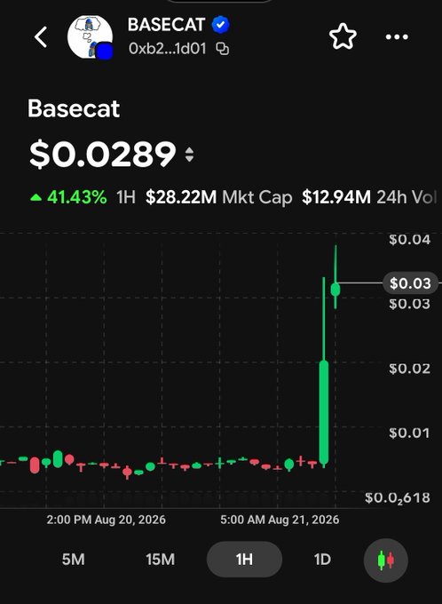 A cryptocurrency chart for BASECAT shows a massive price surge from $0.02618 to $0.0289, a 41.43% gain in one hour, with a market cap of $28.22M and $12.94M in 24-hour trading volume—visually capturing the explosive rally referenced by the "Holy Cat $BASECAT" caption.