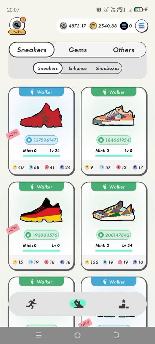 The image shows an advertisement for sneakers that has been taken from a smartphone or tablet screen. The ads displayed include several options for different styles of sneakers, such as running shoes, casual shoes, and dress shoes. This advertisement can be related to posts on social media platforms like Instagram where users often share pictures of their new purchases with others or promote specific brands and styles using photos featuring the products. The post itself is a simple photo caption that reads "And on my 4th upgrade of the day, I embraced #Uzbekistan, Greetings! #Stepn".