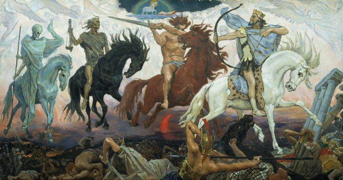 The painting depicts the Four Horsemen of the Apocalypse riding across a desolate, war-torn landscape with a faint rainbow visible above them. The post humorously suggests that these harbingers of doom represent the four cryptocurrencies pumping in 2026, with the rainbow symbolizing the "life is great" sentiment amid the chaos.