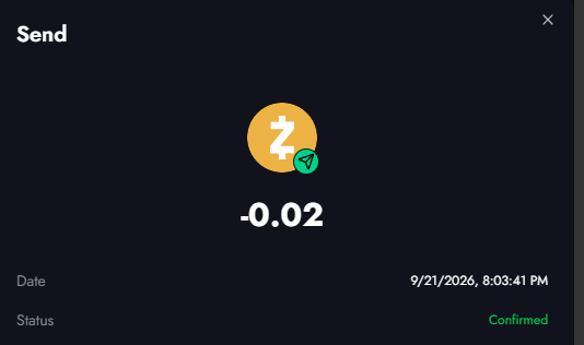 A cryptocurrency transaction confirmation screen showing a Z token (Zcash) send of -0.02 with a confirmed status dated 9/21/2026, 8:03:41 PM.