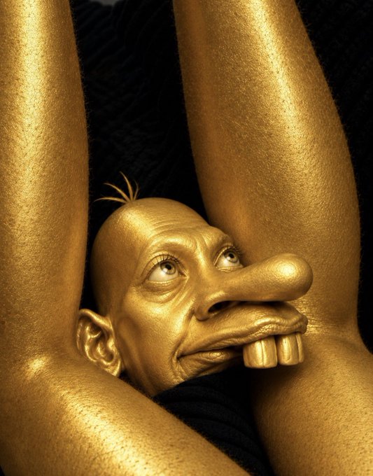 A surreal, golden-painted artistic image showing a distorted figure between legs, featuring an exaggerated face with prominent teeth and a small tuft of hair.