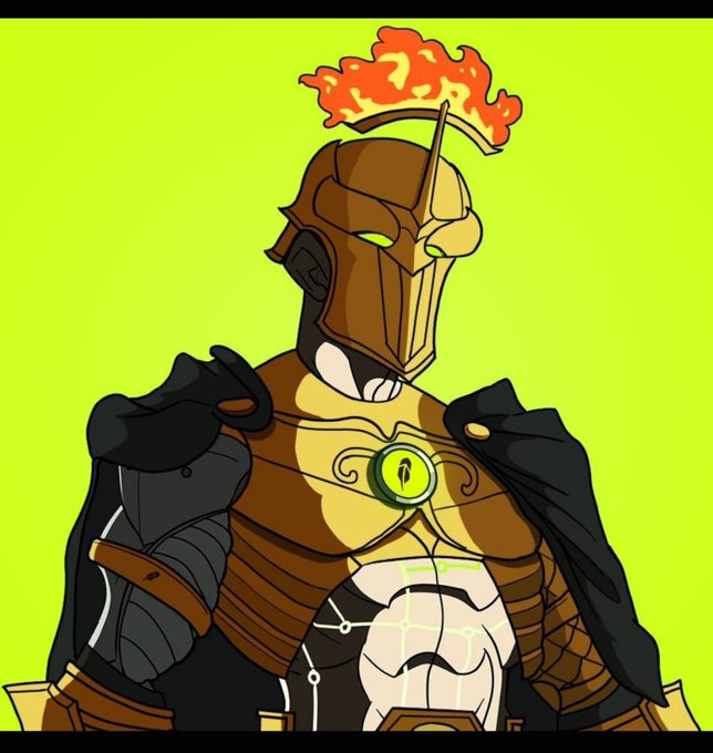 A digital illustration of an armored warrior character with a golden helmet featuring a red flame plume, green glowing eyes, and brown/black armor with a green gem on the chest, set against a bright neon green background.