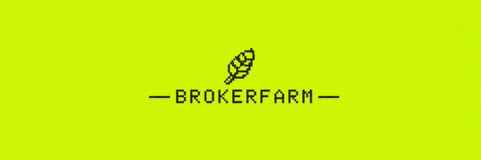 A green logo screen for 'BROKERFARM' featuring a small fish/leaves icon centered on an olive green background.