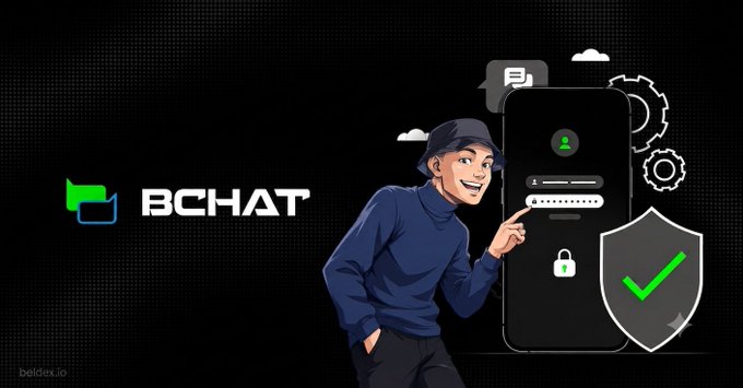 A BCHAT promotional graphic shows a cartoon character beside a smartphone login screen, messaging and security icons, and a large shield with a green check mark.