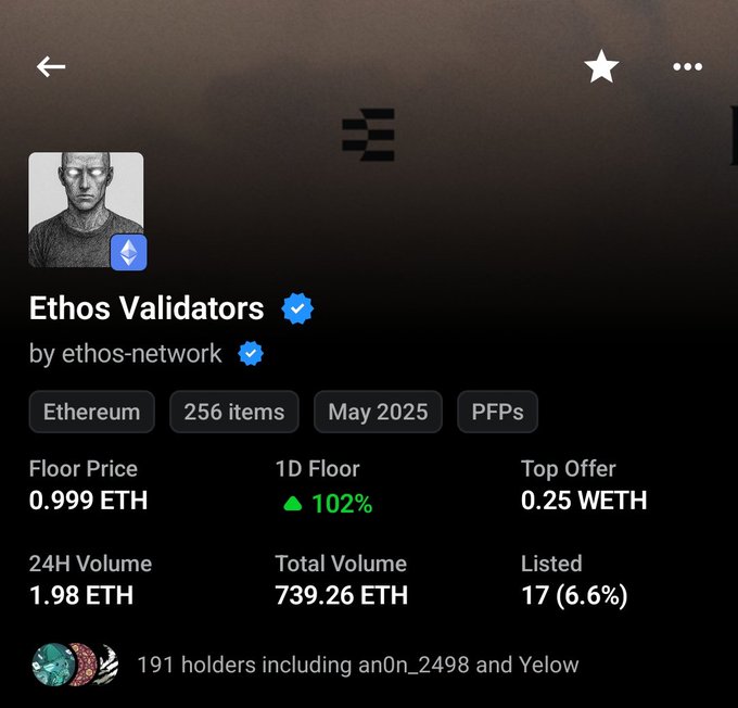 An NFT collection page for 'Ethos Validators' by ethos-network on Ethereum, showing 256 items from May 2025, with a floor price of 0.999 ETH, 24H volume of 1.98 ETH, and 191 holders.
