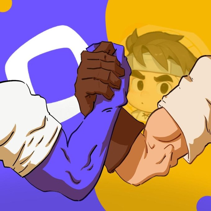 Two muscular, cartoon-style arms—one white-skinned in a blue and white sleeve, the other brown-skinned in a brown sleeve—are locked in an arm-wrestling grip against a blue and yellow background, with a determined blonde chibi character watching from behind. The imagery of two distinct arms grappling symbolizes a contest or rivalry, visually representing the competition in which "Monad will win."