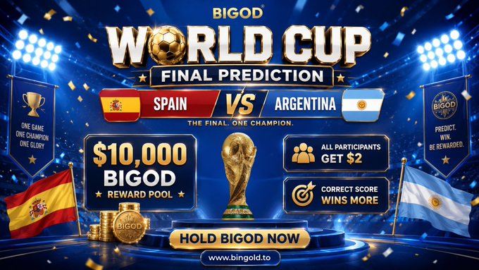 A promotional banner for BIGOD's World Cup Final Prediction contest between Spain and Argentina, featuring a $10,000 reward pool and the FIFA World Cup trophy, with instructions directing users to bingold.to and highlighting that all participants receive $2 in #BIGOD while correct score predictions earn more.