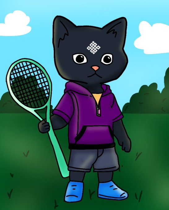 The image features a cartoon cat holding a tennis racket, standing on a grassy field with trees in the background. The cat appears to be dressed in a purple hoodie and blue shoes, giving off an impression of a sports enthusiast or athlete. The caption below the image reads "Gritual everyone. Everyone loves Ritual. Some people write poems about Ritual, some create stories, while others make beautiful artwork. Today, I painted a siggy for Ritual with the colors of my heart."