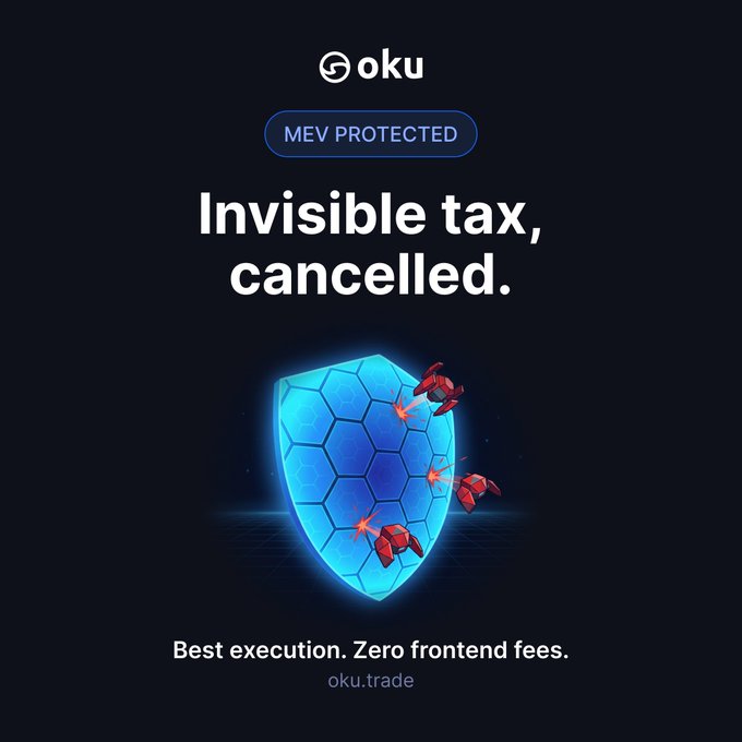 A promotional graphic for Oku.trade featuring a blue hexagonal shield protecting against red attackers, with text reading 'MEV PROTECTED', 'Invisible tax, cancelled', and 'Best execution. Zero frontend fees.'