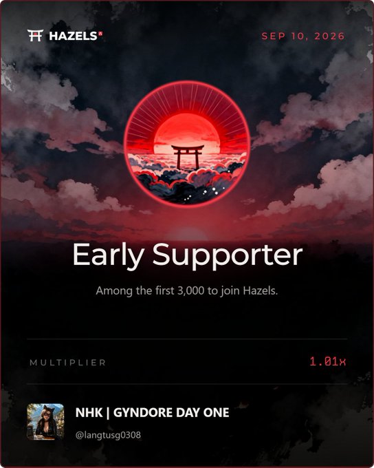 A 'HAZELS' app notification dated SEP 10, 2026 for 'Early Supporter' status with a 1.01x multiplier, mentioning 'NHK | GYNDORE DAY ONE' by @langtusg0308.