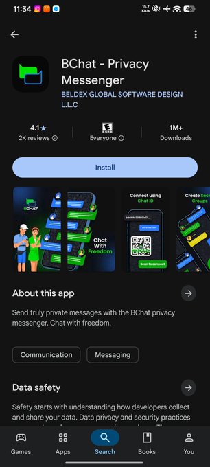 Google Play Store listing for 'BChat - Privacy Messenger' by Beldex Global Software Design LLC, showing a 4.1 star rating and Install button.