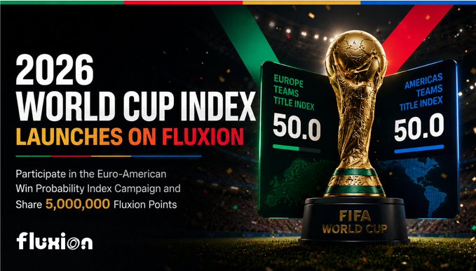 The image features a large golden trophy with the text "2026 World Cup Index Launches On Fluxion" written above it. The background of the image shows a stadium filled with people, indicating that this event is taking place at a major sporting venue. Below the trophy, there are two smaller images representing the title and index numbers for the event. The post also mentions that participants can win a probability index campaign and share 5,000,000 Fluxion points to support the World Cup.