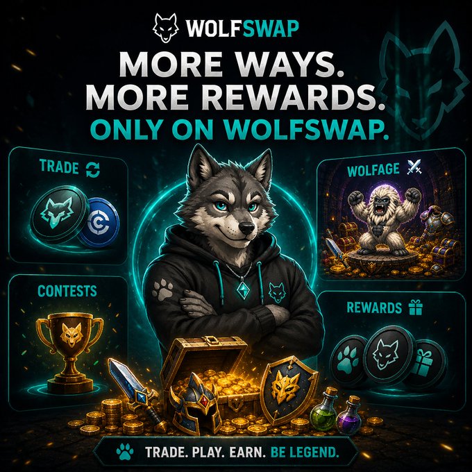 The image features an animated graphic of a dog wearing a black hoodie standing next to a chest filled with gold coins, swords, and shields. In the background behind the dog, there's a large blue circle containing text that reads "Wolfswap: More Ways. More rewards. Only on Wolfswap". 

The overall theme of the image is related to gameplay or gaming elements associated with the Wolfswap gaming platform. The design and use of animals like dogs can be seen as a creative way to convey the game's concept, adding character and depth to the visual experience.