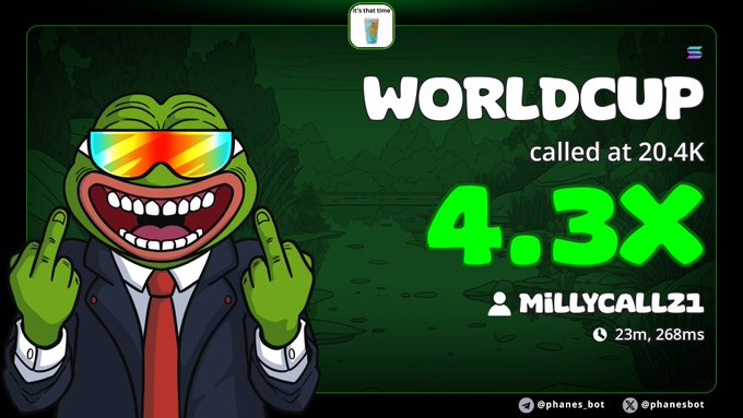 The main focus of the image is a cartoon frog wearing sunglasses and a suit, making two fingers peace signs with its mouth open. The frog appears to be giving the peace sign while standing in front of an advertisement for the World Cup. The text on the poster reads "WORLDCUP called at 4.3xMILLY calls". This text likely provides information related to the world cup event, possibly including details about the organizers, teams, or audience engagement efforts.