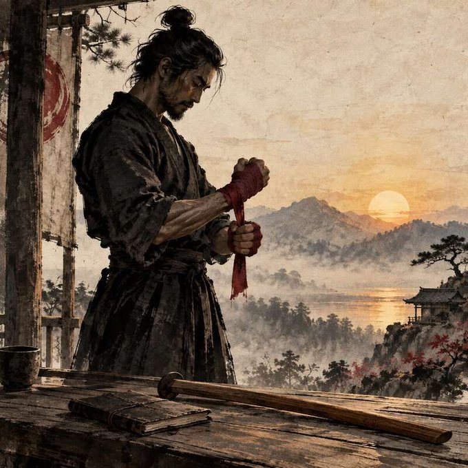 A classical-style painting of a samurai warrior in dark traditional clothing wrapping red hand bindings, standing on a wooden platform overlooking a misty landscape with mountains, a lake, and a sunset.