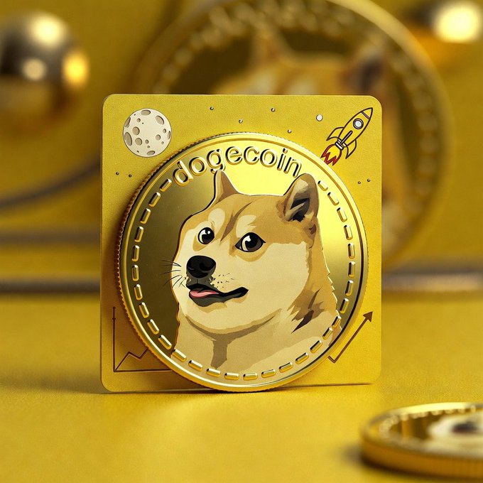 The image features a gold coin with a cartoon dog face on it, which has been labeled "Dogecoin" in white text at the bottom of the frame. The coin is placed against a yellow background, making it stand out prominently.