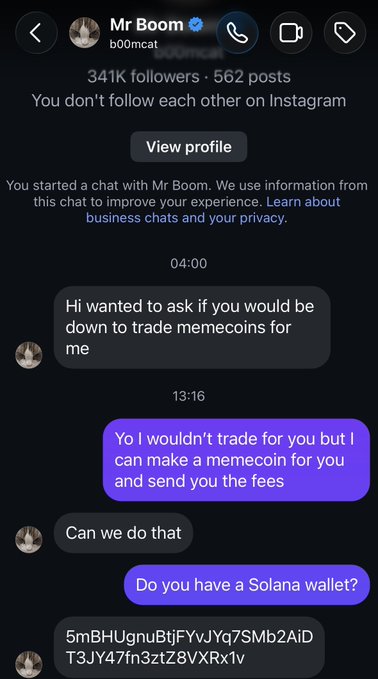 A screenshot of an Instagram DM conversation where "Mr Boom" (b00mcat, 341K followers) requests a memecoin trade, and the recipient responds by offering to create a coin for the viral cat and send the fees to the provided Solana wallet address (5mBHUgnuBtjFYvJYq7SMb2AiDT3JY47fn3ztZ8VXRx1v).