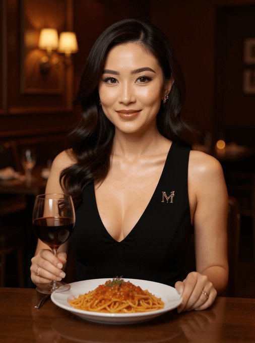 A woman with long dark hair in a black dress with an 'M' logo sitting at a restaurant table with a plate of spaghetti and a glass of red wine.