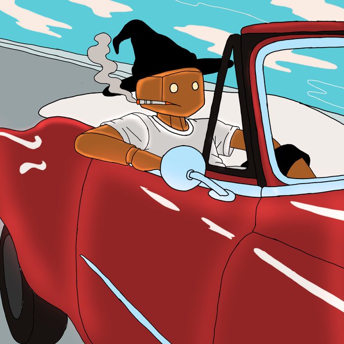 A digital illustration of a robotic character wearing a black wizard hat driving a red convertible car with smoke trailing behind.