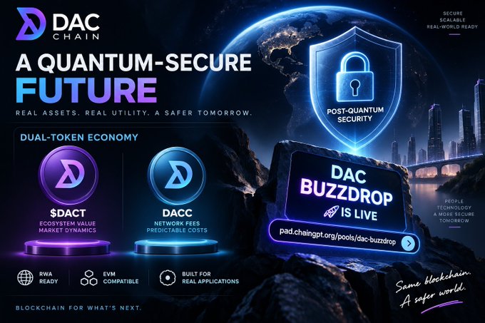 A promotional graphic for 'DAC CHAIN' advertising 'A QUANTUM-SECURE FUTURE' with a Dual-Token Economy featuring $DACT and $DACC, alongside a 'DAC BUZZDROP IS LIVE' banner.