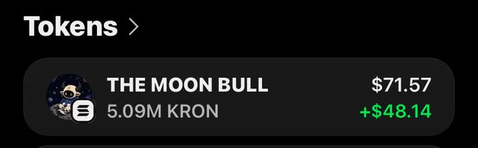 A crypto token screen displaying 'THE MOON BULL' priced at $71.57 with a +$48.14 gain, showing a balance of 5.09M KRON.