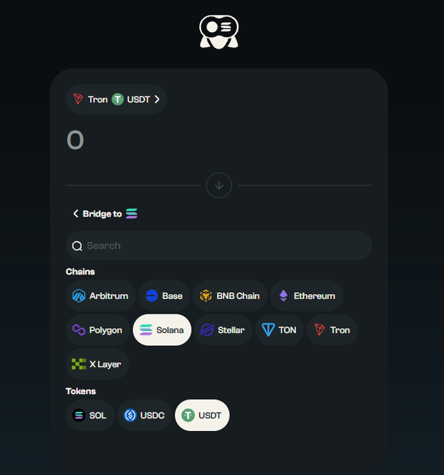 A crypto bridge interface showing Tron to USDT transfer with chain options including Arbitrum, Base, BNB Chain, Ethereum, Polygon, Solana, Stellar, TON, Tron, and X Layer, with Solana highlighted.