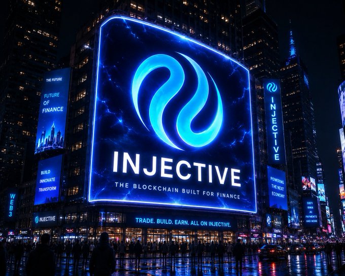 A nighttime cityscape featuring a large illuminated billboard displaying the Injective logo and the tagline 'THE BLOCKCHAIN BUILT FOR FINANCE' with additional text 'TRADE. BUILD. EARN. ALL ON INJECTIVE.'