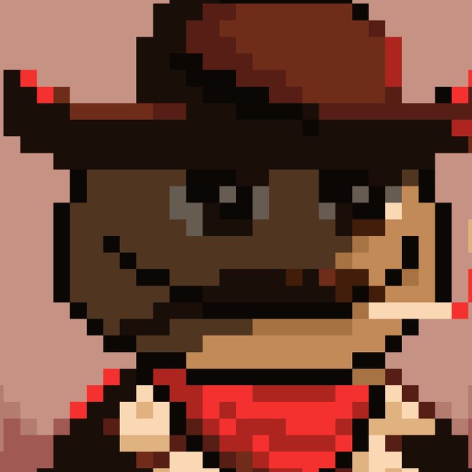 A low-resolution pixel art portrait of a figure wearing a dark cowboy hat and red bandana against a tan background.