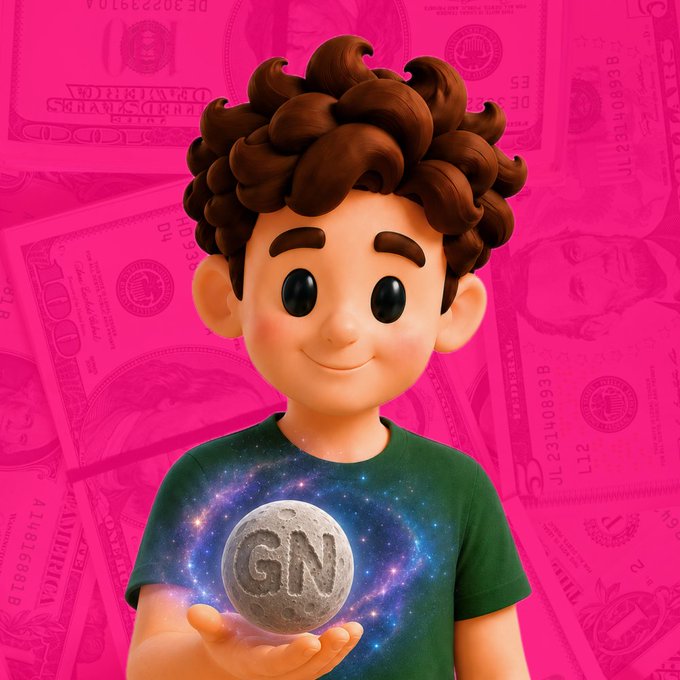 A 3D animated young man with curly brown hair and a galaxy-print t-shirt holds a moon-like stone marked 'GN' against a pink background patterned with hundred-dollar bills.