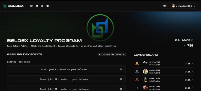 A screenshot of the Beldex Loyalty Program webpage showing a balance of 750, limited-time tasks completed, and a leaderboard.