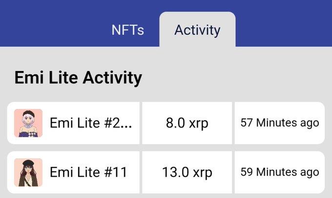 An 'Emi Lite Activity' feed showing NFT transactions for 'Emi Lite #2...' at 8.0 xrp and 'Emi Lite #11' at 13.0 xrp, both within the last hour.