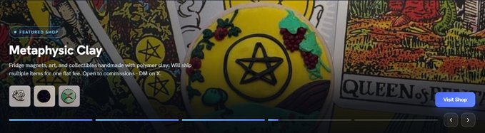 A featured shop banner for 'Metaphysic Clay' on what appears to be the Roblox platform, showing a yellow crown-like object with pentagram designs and the text 'Fridge magnets, art, and collectibles handmade with polymer play. Will ship multiple items for one flat fee.'