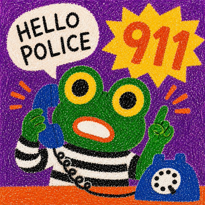 A colorful crayon-style drawing of a green frog in a striped shirt talking on a blue rotary phone, with speech bubbles reading 'HELLO POLICE' and '911'.