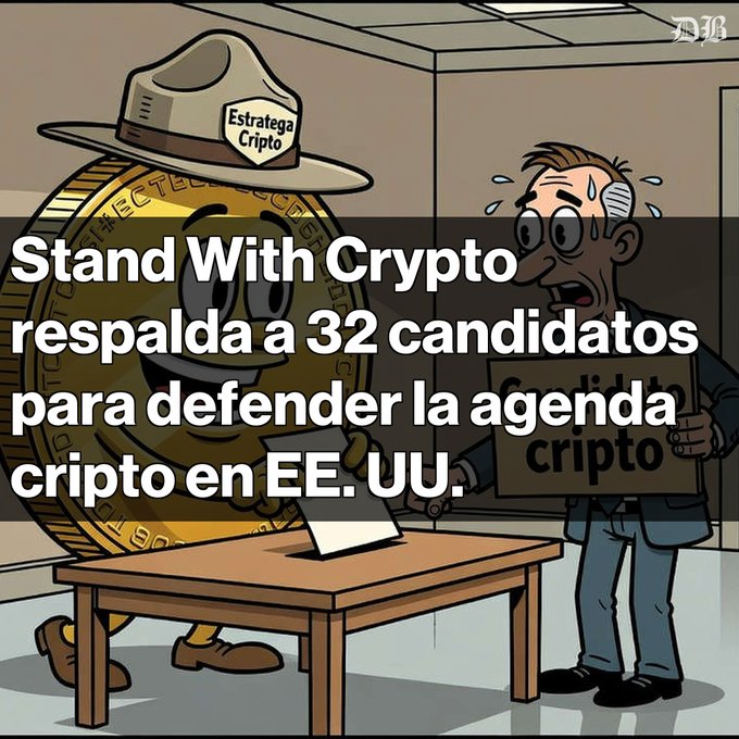 A cartoon illustration shows a Bitcoin character in an 'Estratega Cripto' hat voting while a man with glasses holds a 'cripto' sign, with text reading 'Stand With Crypto respalda a 32 candidatos para defender la agenda cripto en EE. UU.'