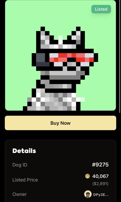A pixelated silver Doginal Dog (#9275) with red visors and a matching collar is listed at 40,067 DOGE ($2,891) by owner DPy3E..., presented as an undervalued "grail PFP" pick ahead of an anticipated price surge.